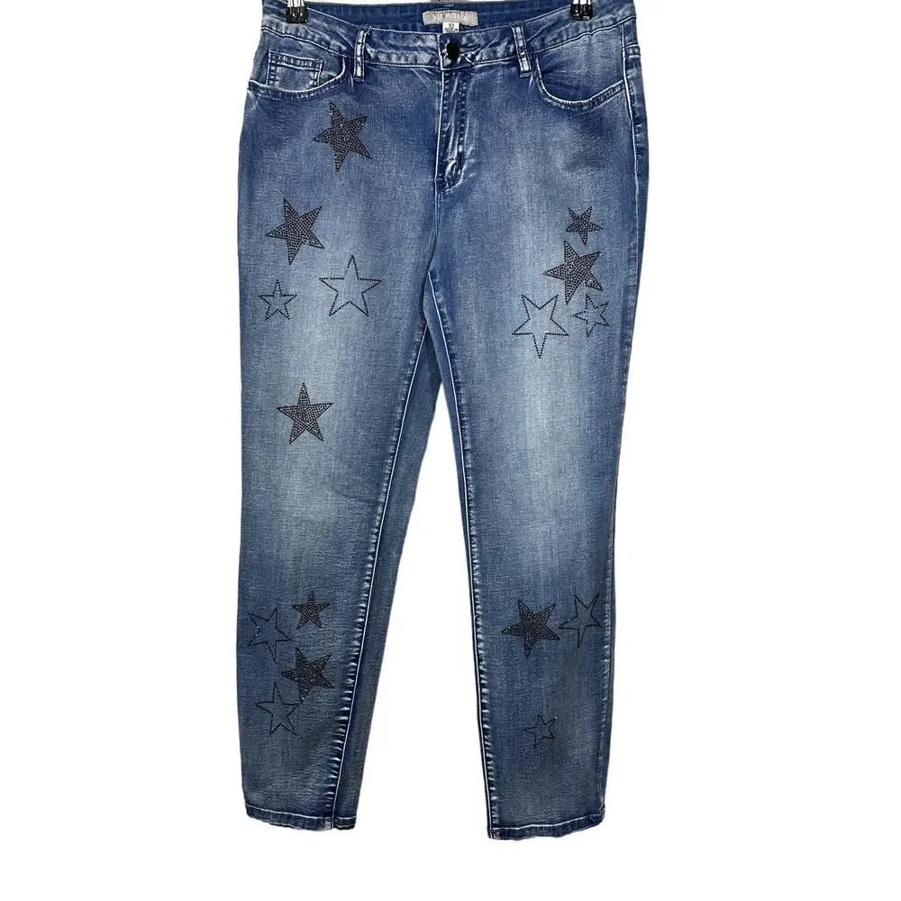 VIA RITINA Women's Denim Rhinestone Star Skinny Jeans Blue Size 10